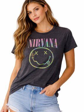Nirvana Smiley Face Graphic Band T Shirt Men’s Black Short Sleeve Tee TS02